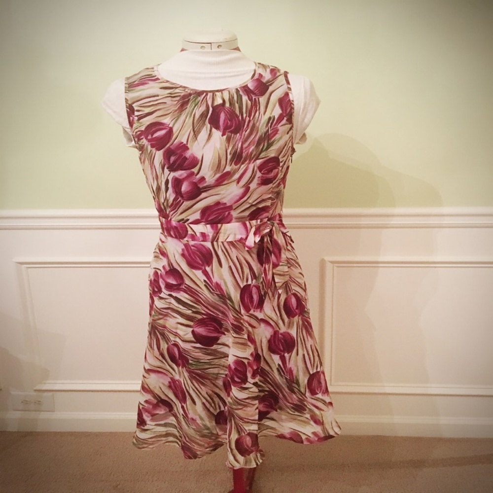 Floral Tulip Print Pink & Cream Sleeveless Dress